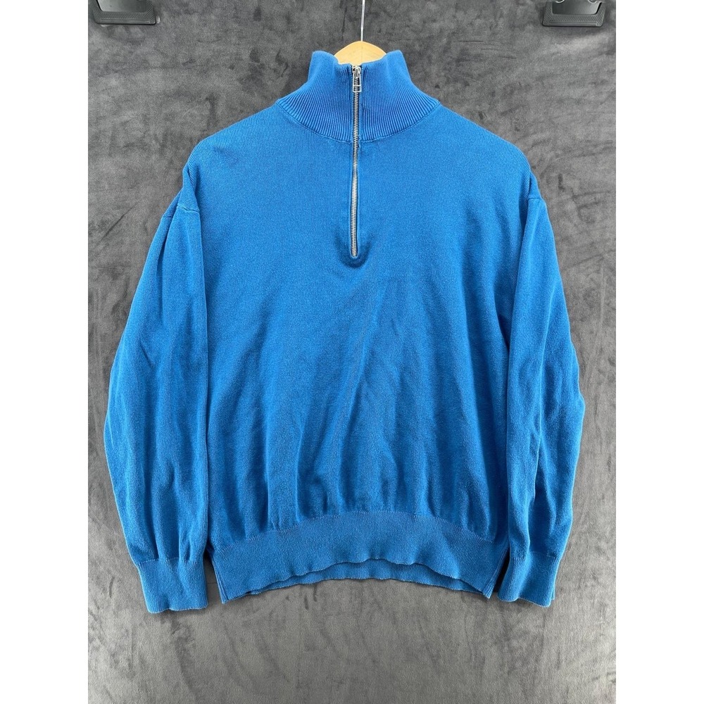 Zara Mens Blue Cotton Quarter Zip Pullover Sweater Mock Neck Size Medium
